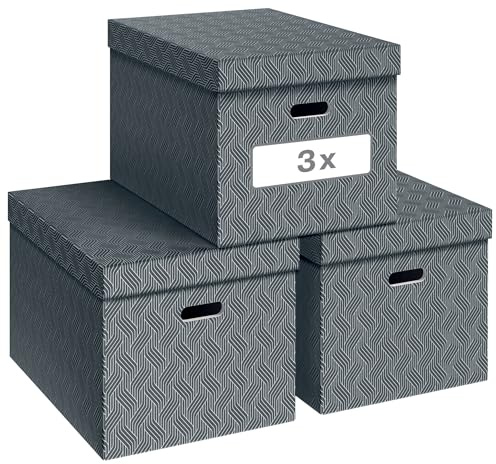 Leitz VON 3er Set Aufbewahrungsbox mit Deckel, 46 L, Groß, 100% Recyclingkarton, Geometrisches Design, Für Schule, Studium und Haushalt, Grau, 3 Stück, 61420085