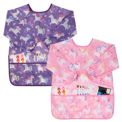 AUAUY 2 Stück Kinder Malschürze Langen Ärmeln 3 Taschen, Rosa+Lila Einhorn