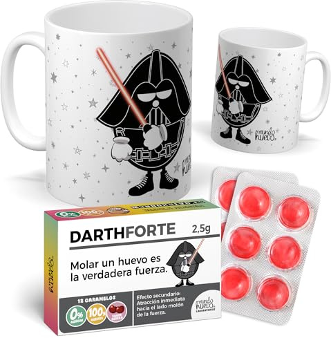 mundohuevo Taza Divertida + Caramelos de Darth Vader Versión Huevo | Guerra de las Galaxias | Original para Regalar | Mensaje Gracioso | Regalos Amigo Invisible y Navidad | Cerámica 350 ML