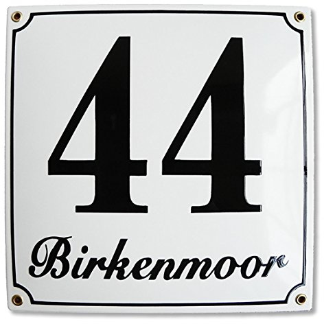 Sosenco Hausnummernschild Emaille 25x25 cm mit Wunschstraßennamen und Nummer, Hausschild, Individuell anpassbare Hausnummer, Vorbohrungen, Wetterfest, Türschild, Weiß, Schlicht