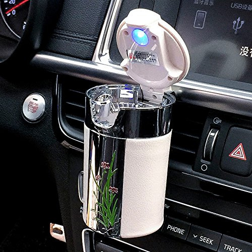 FMS Tragbare Auto Aschenbecher mit deckel und blauer LED Licht für Getränkehalter oder lüftung (Weiß)