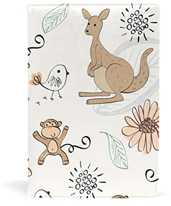 EZIOLY dehnbarer Buchumschlag mit Kangaro und Affe, passend für die meisten Hardcover-Lehrbücher bis 22,9 x 14,5 cm, klebstofffreier Stoff für Schulbücher, Einfach anzubringen. Wash & Re-Use