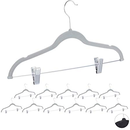 Relaxdays, grau Samtbügel mit Clips 12er Set, 360° drehbarer Haken, Hosenbügel, rutschfeste Hemdenbügel, 43 cm breit, 10024379_111