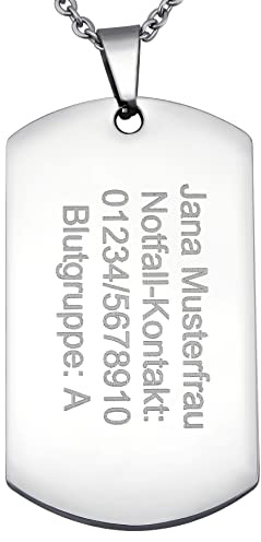 Hanessa Personalisierte Kette mit Gravur Edelstahl 50 cm mit Anhänger Dog Tag Notfall-Kontakt in silber - Personalisierte Halskette für Männer und Frauen - Personalisierter Schmuck Damen Herren