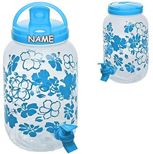alles-meine.de GmbH 4 Liter - XL großer Getränkespender - Blumen - blau - türkis - inkl. Name - mit Zapfhahn & Deckel + Tragehenkel - Saftkanne/Zapfhahnflasche/Hahn - aus Kun..
