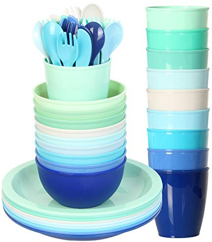 Youngever 54 Teiliges Kunststoff Kindergeschirr Set, Mehrweg kleinkind geschirr set, Dinnerset in 9 Farben (Coastal)