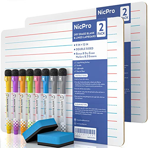 Nicpro 2 Stück Whiteboard Klein A4, Doppelseitiges Desktop Schreibtafel Liniert mit 8 Bunte Stifte, Schwamm, Tragbares Mini Whiteboard für Schüler, Schulmaterial, Lernen(22 x 30 cm)