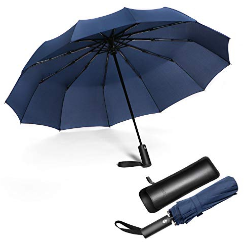 JIGUOOR 12-Rippen-Regenschirm Winddicht Reise Regenschirm Kompakt, Licht, Automatisch, Stark und Tragbar, Klapprucksack Auto Öffnen/Schließen Regenschirm für Regen, Männer und Frauen-Blau