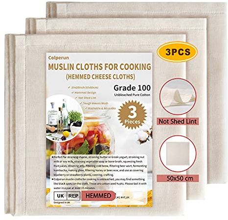 Colperun Passiertuch (3er-Pack - 50 x 50 cm) – Wiederverwendbares Käsetuch aus ungebleichter Baumwolle | Abseihtuch für Marmelade, Butter & Säfte