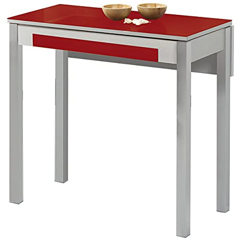 Mesa de Cocina Extensible 1 ala caida - 80x40 cm (80x60 cm) - Estructura y ala caida Color Aluminio - Tapa Cristal Color Rojo