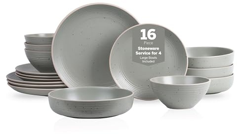 Stone Lain Lauren Stoneware, Rustic Plates and Bowls Set, Dinnerware, Service for 4, Speckled Green, Dishwasher & Microwave Safe, 16-Piece