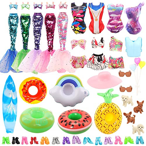 Miunana 27 Doll Clothes and Accessories 5 Swimsuits Bikini 2 Mermaid Clothes 10 Shoes 2 Swimming Ring Float 8 Accessories Balloon Dog Glasses Surfboard Hat Summer Clothes for 11.5 Inch Doll