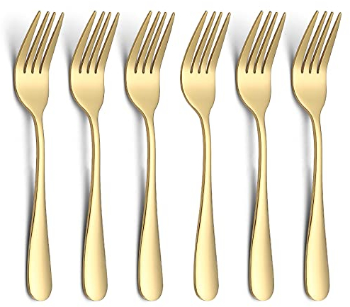Evanda 14cm Gold Dessert Gabeln 6 Stück, Edelstahl Gold Titanium Plating Gebäck Gabeln Set, Mini Kuchen Gabeln, Vorspeise Gabeln für Zuhause, Hochzeit, Party, Cafe, Restaurant, spülmaschinenfest.