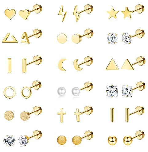 Kakonia 18 Pares De Pendientes De Acero Inoxidable Para Mujeres - 20G Pequeño Hipoalergénico Flatback Cruz Luna Estrella Cartílago Oro