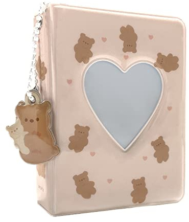 3 Inch Mini Photo Album, Heart Hollow Card Binder Photo Card Holder with Pendant 40 Pockets (beige bear)