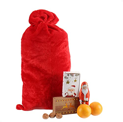 com-four® Edler XL Weihnachtssack aus Plüsch mit roter Kordel | Geschenksack für Weihnachtsgeschenke - Zubehör für Weihnachtsmannkostüm - Weihnachts-Dekoration