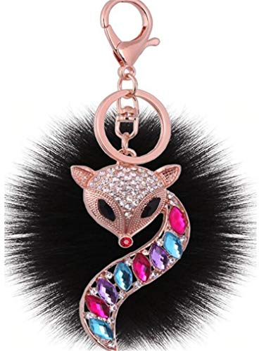 Canarea Schlüsselanhänger Plüsch Pompons Flauschige Pompom Taschenanhänger, Faux Kaninchen Pelz Plüschball mit Mini-Fuchs Strass Kugel bommel Keychain-ring für Handtasche Schlüssel (Schwarz)