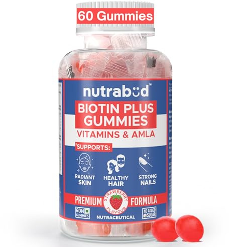 Nutrabud Biotin Hair Gummies For Women, Men | No Added Sugar | For Healthy Hair Growth, Skin Glow & Strong Nails | Strawberry Flavor Veg Gummy Bear Supplement - 60 Count (Pack of 1)