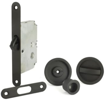 Juego kit cierre pestillo para puerta corredera, con rosetas redondas con cierre y desbloqueo cerradura embutida con gancho diámetro de rosetas embutidas 56mm (NEGRO)