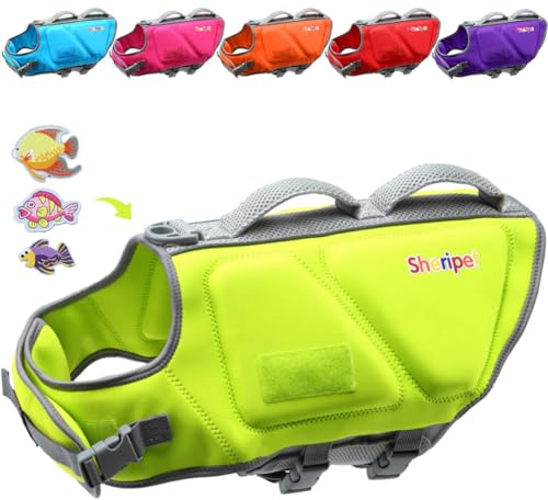 Sheripet Dog Life Jacket for Large Dogs, Dog Life Vest for Swimming with Three Fashion Fabric Patches, Dogs Swim Jacket with Reflective Stripes and Double Rescue Handle, Pet Flotation Vest, XL