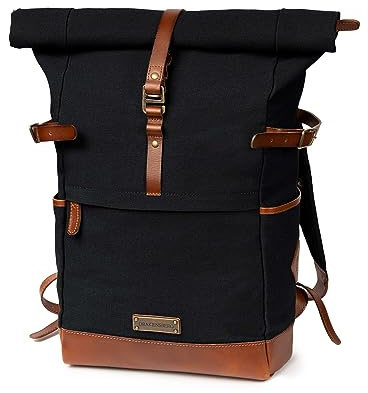 DRAKENSBERG Rolltop-Rucksack 'Wyatt' Herren, Damen, Schwarz | Wasserabweisendes Canvas mit Leder, 16 Laptopfach, 20-30L, DR00186