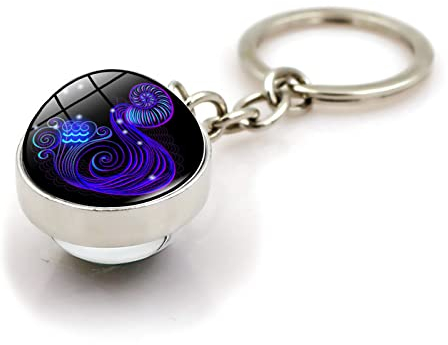 KIMLUD Damen Keychain Taschen Sternzeichen Schlüsselanhänger Charm Geburtstag Doppelseitig Glaskugel Anhänger Metall Schlüsselanhänger Geschenk Charm Wassermann