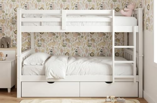 Genérico MUEBLESYA Litera Doble de Pino con Patas de 5,8x5,8 cm, 2 Camas 90x190 cm con Pack de 2 Cajones Inferiores, Estabilidad Reforzada y Escalera Reversible, Blanco Lacado (con CAJONES)