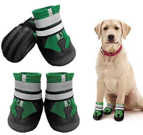 NeuWee Hundeschuhe Pfotenschutz, 4er-Set Wasserdicht Hundeschuhe mit Reflektierenden Riemen, Hundeschnee Stiefel Regenschuhe für Kleine, Mittelgroße und Große Hunde (M, Grün)