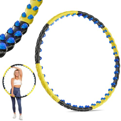 Hop-Sport Hula Hoop Reifen Erwachsene mit 80 Massagenoppen und Magneten - Hoola Hoop zum Abnehmen – Bauchtrainer mit 8 verstellbaren Teilen, 110cm Durchmesser gelb schwarz