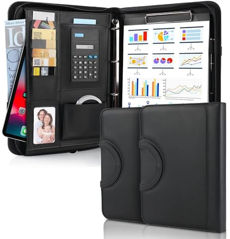 2 Carpeta A4, Carpeta de Conferencias de piel, Carpeta de Documentos con Cremallera, Resistente al Agua, Carpeta con Anillas, Portapapeles, bloc de notas, Portafolio para Reuniones de Negocios, Negro