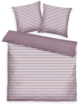 TOM TAILOR Renforcé-Bettwäsche, 2*80x80 cm + 200x220 cm, 100% Baumwolle/ Renforcé, mit Wendemotiv und farbigem Markenreißverschluss, MEDIUM STRIPES Lila, Weiß (Cozy Mauve & Crisp White)