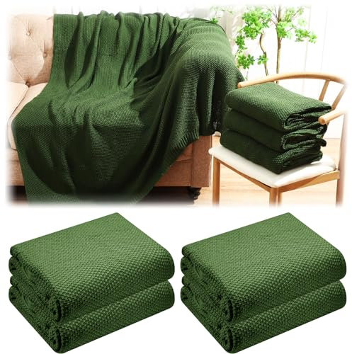Fanfanwin Überwurfdecke für Bett, weich, gemütlich, Zopfmuster, leicht, klobig, warm, dekorative Baumwolldecke für Couch, Sofa, Bauernhaus, Zuhause, 4 Stück (Olivgrün)