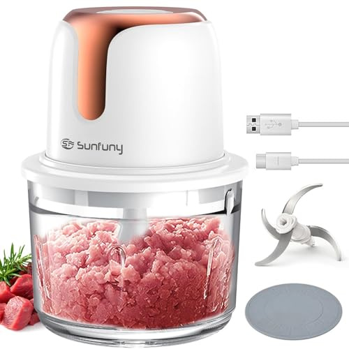 Sunfuny Cordless Food Processor, Mini Food Chopper Wireless with 5-Cup Glass Bowl, 6000mAh Battery USB-C Rechargeable Vegetable Chopper, Electric Meat Blender Garlic Grinder Kitchen Mixer (Rose Gold)