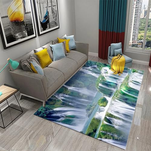 3D Teppich Kinder Jungen Groß Kinderzimmer Gaming Teppich Schlafzimmer Dekoration Wohnzimmer Kurzflor Krabbelmatte Modern Weich Kinderteppiche Waschbarer Wasserfalllandschaft Wald Naturlandsch -7C9D9W