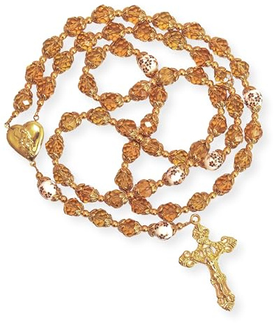 Nazareth Store Katholische blaue Kristallperlen Goldener Rosenkranz Blumen Perlenkette Wundertätiges Herzmedaillon Medaille & Kreuz Religiöse Frauen Männer Amulett