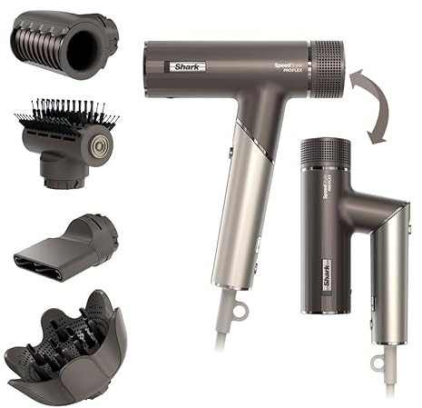 Shark sèche-cheveux SpeedStyle Pro FLEX ultra-performant et ultra-rapide, 4 embouts de coiffage, léger, ionique, sans dommage thermique, poignée pliable, tous types de cheveux, Moka Argent HD542EU