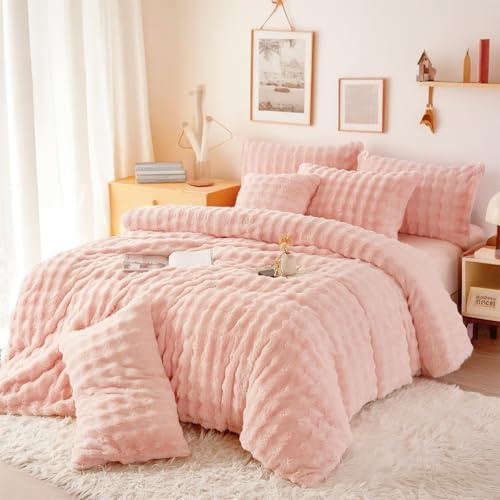 Gezu Juego de ropa de cama de franela 240x260cm Rosa Invierno Juego de cama de terciopelo con forro polar súper suave y cálido de pelo de conejo para 2 personas con 2 fundas de almohada de 65x65cm con