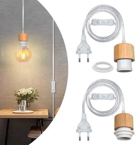 2 Stück Hängelampe mit Stecker, 500CM Transparent Kabel, Lampenfassung E27 mit Kabel und Schalter, Pendelleuchte mit Stecker, Lampenkabel mit Fassung, Hängeleuchte Steckdose, Können DIY Lichtschirm
