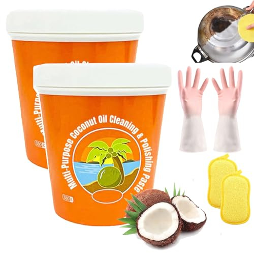 Mehrzweck-Kokosöl-Reinigungs- und Polierpaste, natürlicher Edelstahl-Kochgeschirrreiniger, Kokosöl-Reinigungspaste, leistungsstarker Allzweckreiniger für Ofen, Topf und Herd (380 g, 2 Stück)