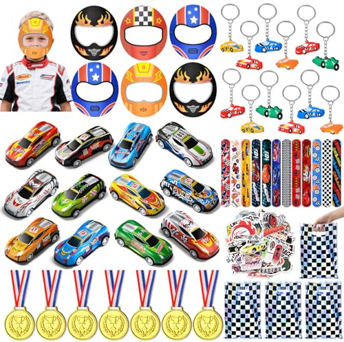 PtyPop Coche de Carreras Detalles para Cumpleaños Infantiles Relleno Piñatas con Mini Juguete de Fricción Coche & Mascarilla & Llavero & Pulseras,Fiesta Cumpleaños Regalos Invitados Cumpleaños Niños