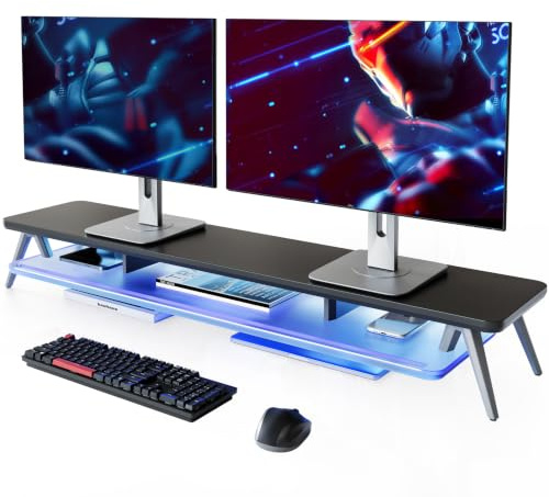 Fenge Monitorständer,108cm, LED-Beleuchtung für Laptop PC TV, Schwarz | Schaltbare Farben, 2 Geräte, Bis 45kg, Ablagefach für Telefon/Tablet/Stift, Acryl-Ablage, Bildschirm Schreibtisch Büro Home
