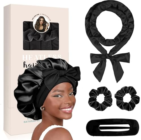Satin Lockenwickler Ohne Hitze Set mit Schlafmütze, Scrunchies & Klammern | 5-teiliges Nachtwickel-Set für lange Wellen & alle Haartypen. Lockenroller-Stirnband für Frauen & Mädchen. Kein Hitzeschaden