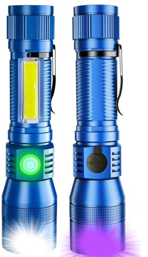 Karrong UV ficklampa LED 395 nm magnet USB uppladdningsbar, COB sidoljus rött ljus, vattentät ultraviolett lampa svart ljus för utomhus camping vandring nödfall husdjur urindetektor, 2 stycken blå