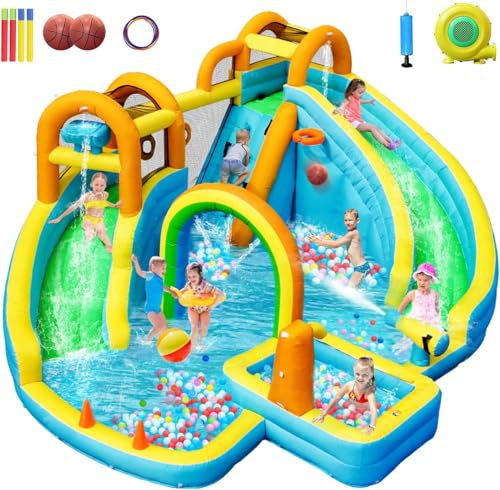 SportBob Hüpfburg mit Gebläse und Wasserrutsche, Hüpfburg Kinder für Indoor & Outdoor, Groß Wasser hüpfburgen wasserpark Kinder Outdoor mit Doppelrutsche, Regenbogentor, Wasserkanonen