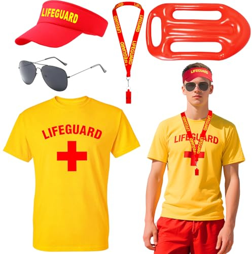 Glirop Life Guard Costume Set, Lifeguard Fancy Dress Include T-shirt Hat Fanny Pack Whistle Sunglasses Beach Costume Acccessories for Women Men Pool Party Halloween Cosplay (Style C, L)