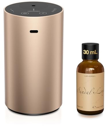 Airversa Waterless Essential Oil Diffuser Starter Kit with 30mL Sandal Lux Fragrance Oil for Car Home Office,Premium Aluminum Housing, Aroma Nebulizer Baterry Operated, ADX Kit Desert Titanium