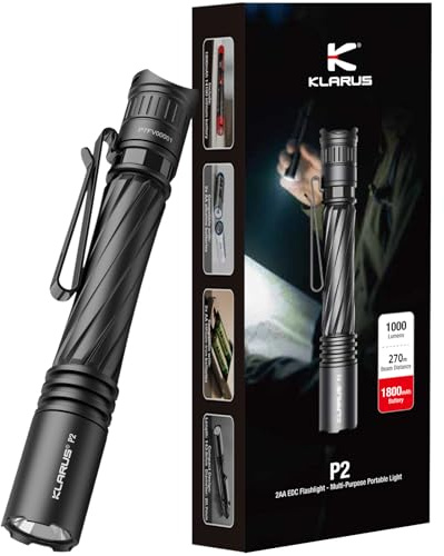 klarus P2 Tactical Pen Light: 1000 Lumens, 886ft Throw – 2AA or USB-C Rechargeable (Battery Included), IPX8 Waterproof, Small EDC Flashlight for Pocket, Office, Home, Security