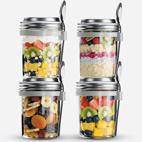 Unique Impression 4-Pack Glass Breakfast Jars with Airtight Stainless Steel Leakproof Lids & Spoons – BPA-Free Mason Jars for Overnight Oats, Yogurt, Smoothies, Porridge & Healthy On-the-Go Snacks
