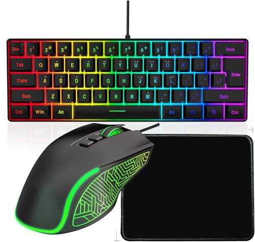 Gugxiom Tastiera Ergonomica Retroilluminata RGB e Combinazione di Mouse, Tastiera Cablata Set con Mousepad per Giochi e Lavoro (insieme nero)
