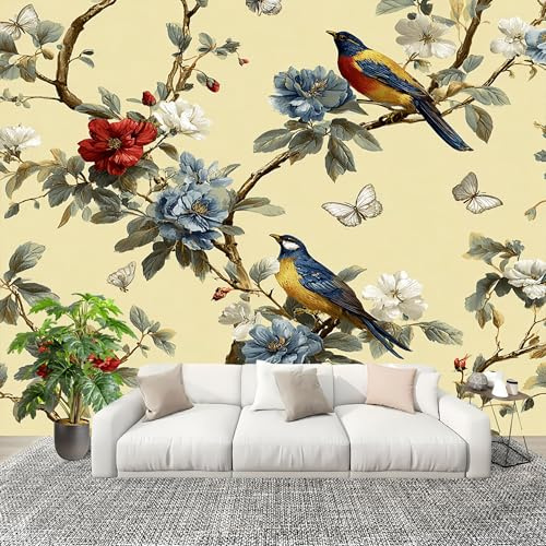 Grandi Murali Poster Fiori E Uccelli Acquerellati Carta da Parati Tessuto Non Tessuto 250x175 cm Beige Carta da Poster Panoramica 3D Decorazione per ​La Casa per Pareti Fotomurale